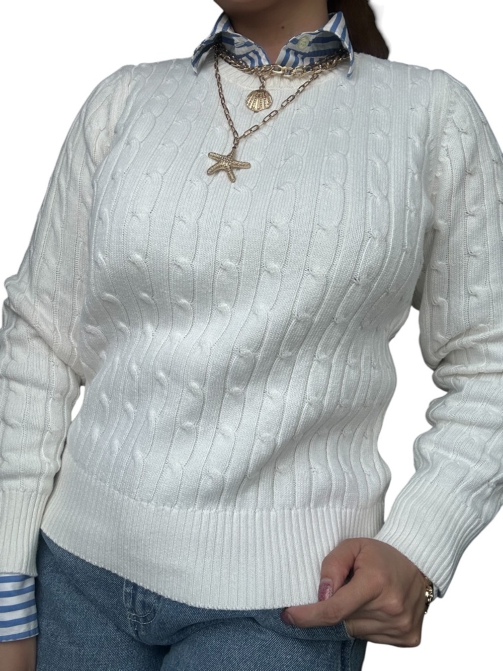 St John’s Bay Cotton Classic Cream Cable Knit Sweater - Small - Picture 4 of 6